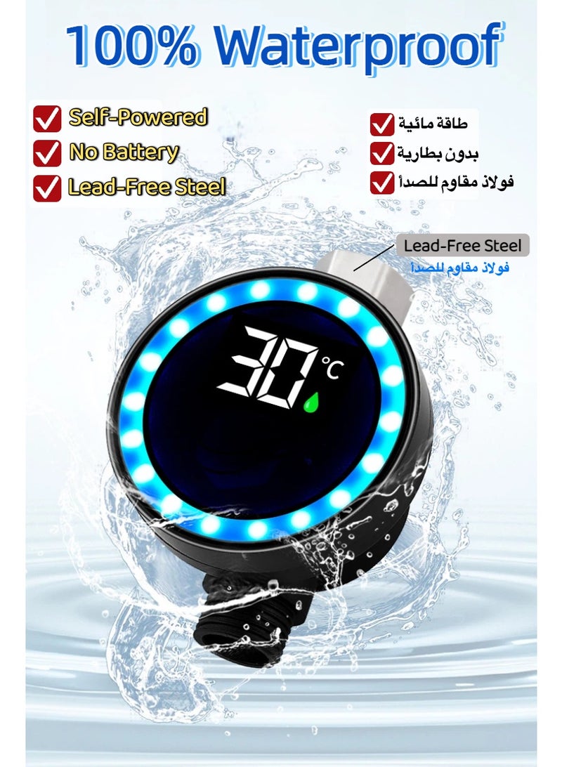 مقياس حرارة دش LED مع ضوء تحذير بـ 3 ألوان - يعمل بالطاقة المائية، شاشة مراقبة حرارة عالية الدقة، صامولة فولاذ مقاوم للصدأ G1/2، أداة أمان لاستحمام الطفل - أسود - Image 2